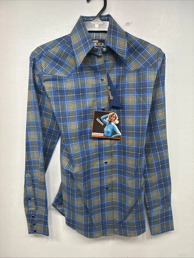 New Women’s Panhandle Slim Blue Plaid Long Sleeve Pearl Snap Size 30 KK-91