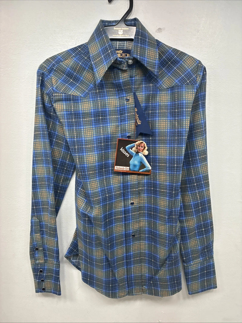 New Women’s Panhandle Slim Blue Plaid Long Sleeve Pearl Snap Size 30 KK-91