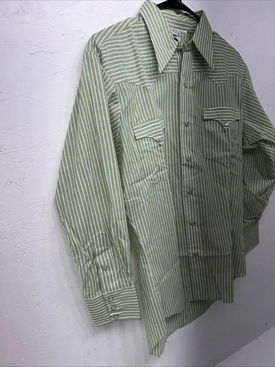 New Men’s Green Stripped Miller Long Sleeve Pearl Snap Shirt 15.5x32 M P-77