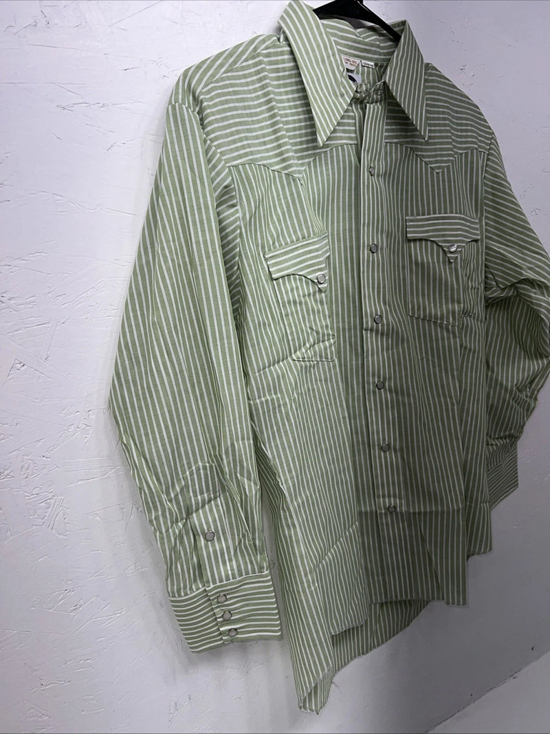 New Men’s Green Stripped Miller Long Sleeve Pearl Snap Shirt 15.5x32 M P-77