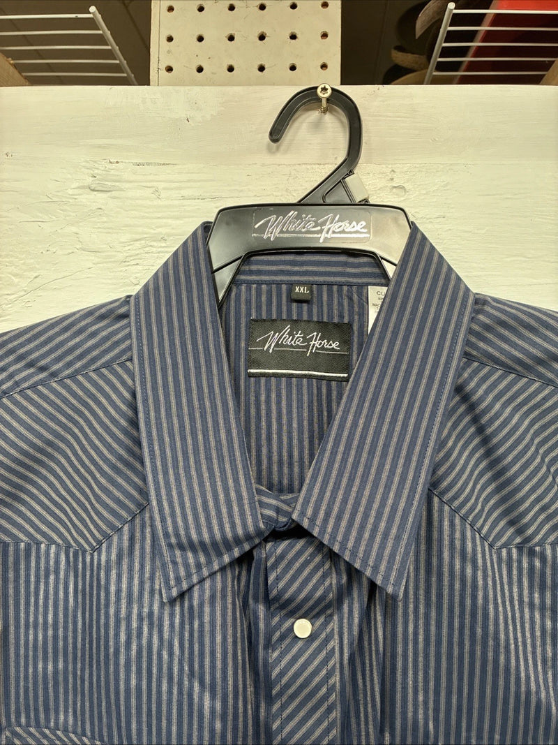 New Men’s White Horse Navy Blue Stripe Long Sleeve Pearl Snap 2XL F-96