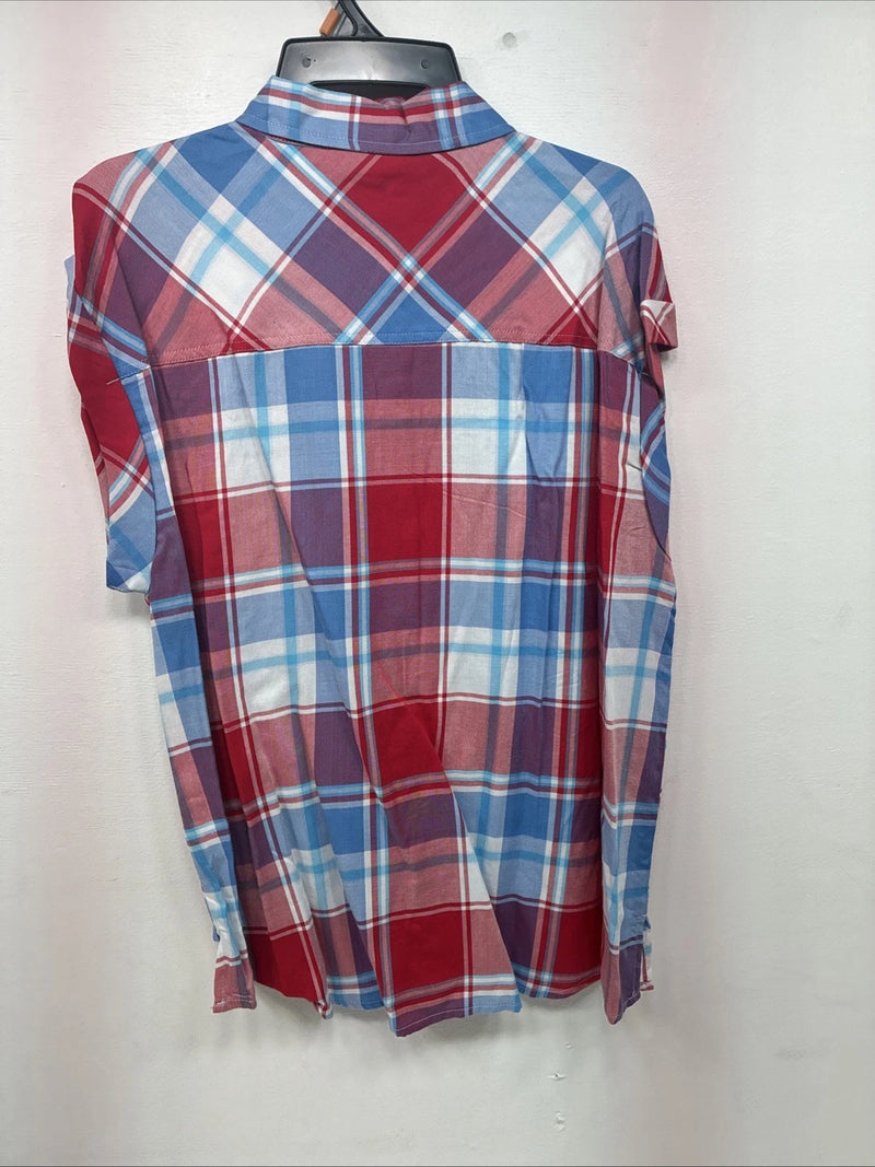 New Women’s Cumberland Red Blue Plaid Short Sleeve Button Up Medium GG-4