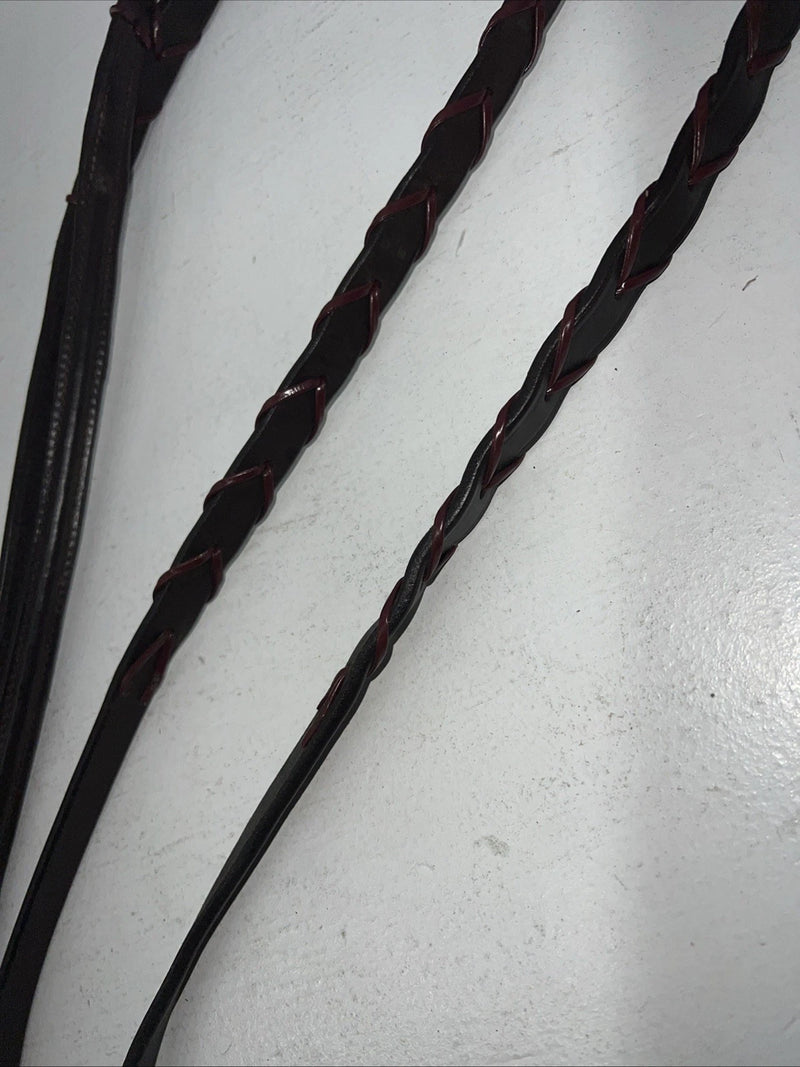 New Silver Fox Brown Genuine Leather Red Braided English 60” Reins #20-8578 Y-22