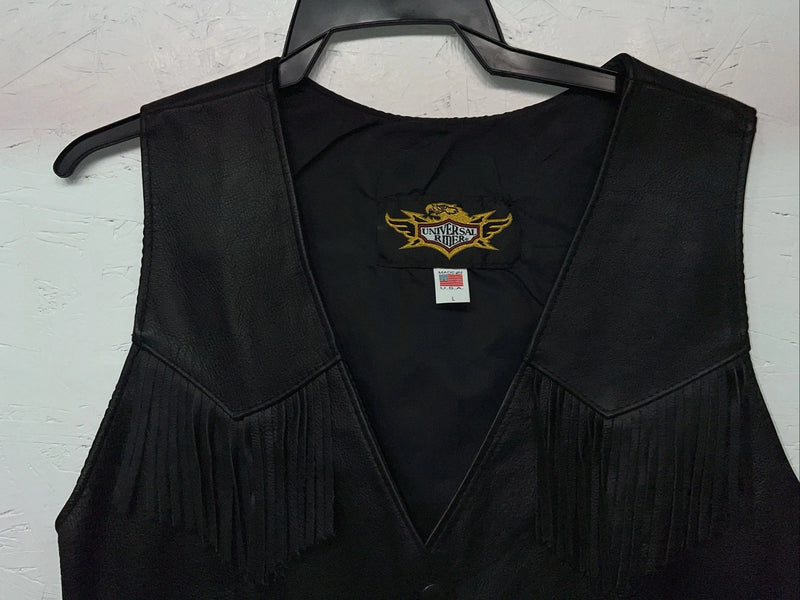New Women’s Universal Rider Black Leather Fringe Biker Vest Large S-600