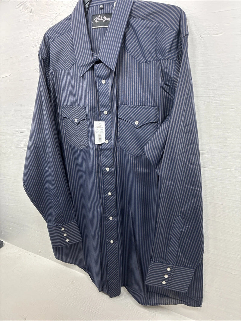 New Men’s White Horse Navy Blue Stripe Long Sleeve Pearl Snap 2XL F-96