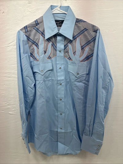 New Men’s Champion Western Blue Embroidered Long Sleeve Pearl Snap Medium K-81
