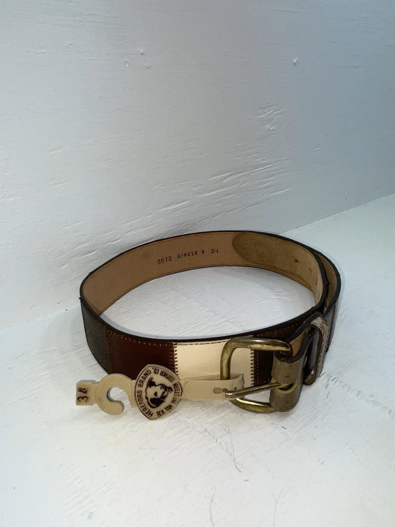 New Brown Genuine Leather Circle Y Stitched Stripes 34” Belt #8512 JJ-9