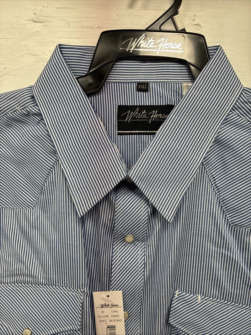 New Men’s White Horse Blue White Stripe Long Sleeve Pearl Snap 2XL H-58