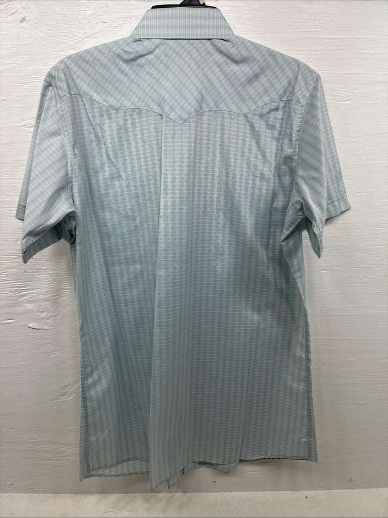 New Men’s White Horse Blue Plaid Short Sleeve Pearl Snap Large CC-46