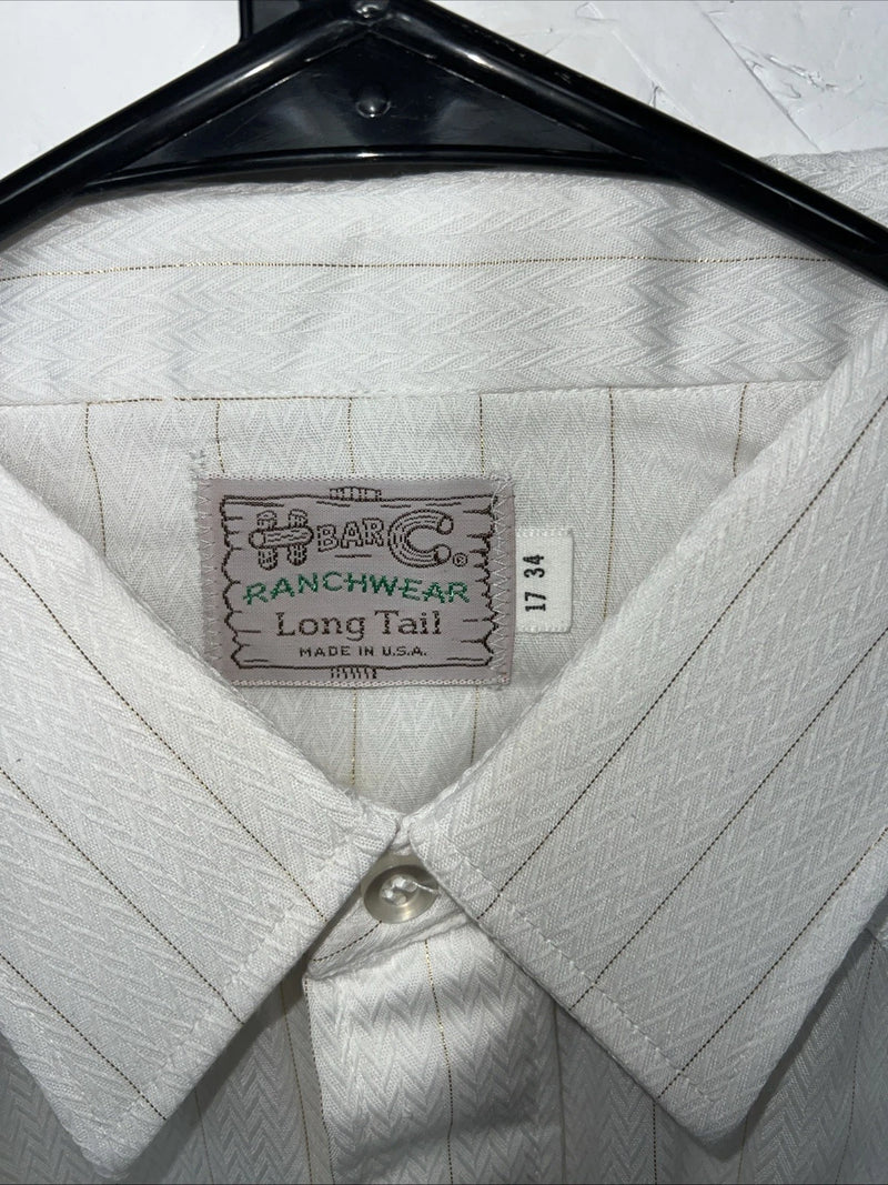 New Men’s HbarC Ranchwear White Gold Long Sleeve Pearl Snap Shirt 17x34 XL P-80