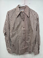 New Women’s Karman Brown Checkered Long Sleeve Pearl Snap Size 38 II-88