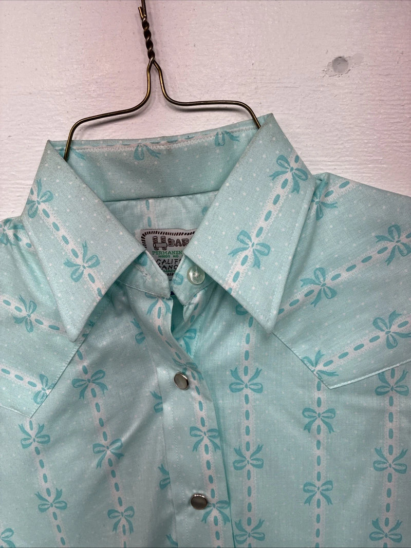 New Women’s H Bar C Blue Bow Short Sleeve Pearl Snap Size 32 LL-56