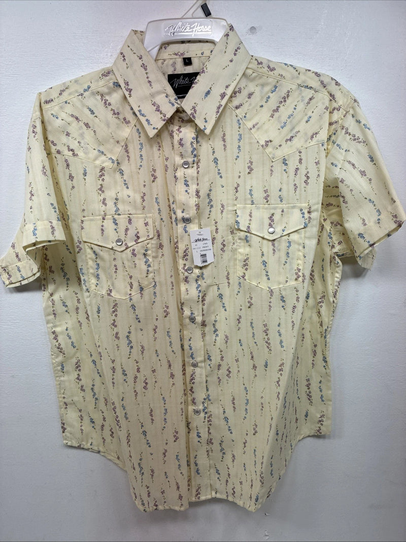 New Women’s White Horse Yellow Floral Short Sleeve Pearl Snap Large II-93