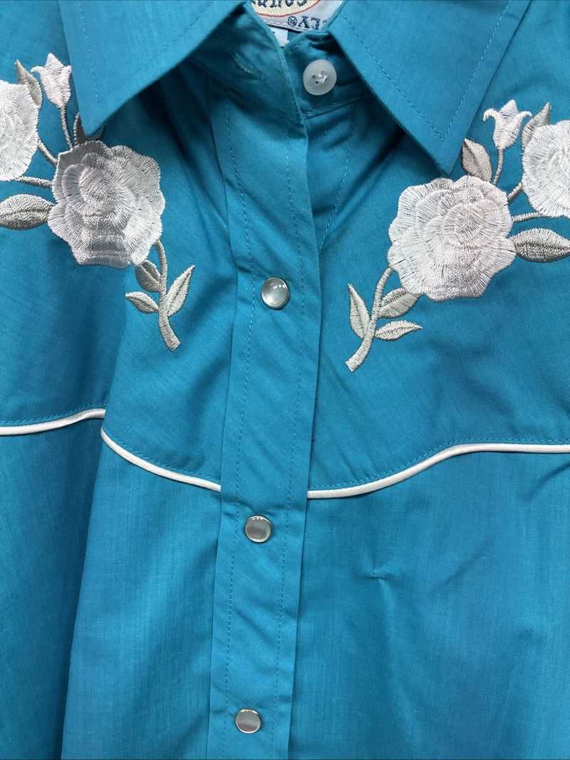 New Women’s Country Charmers Teal Rose Like Sleeve Pearl Snap Medium DD-143