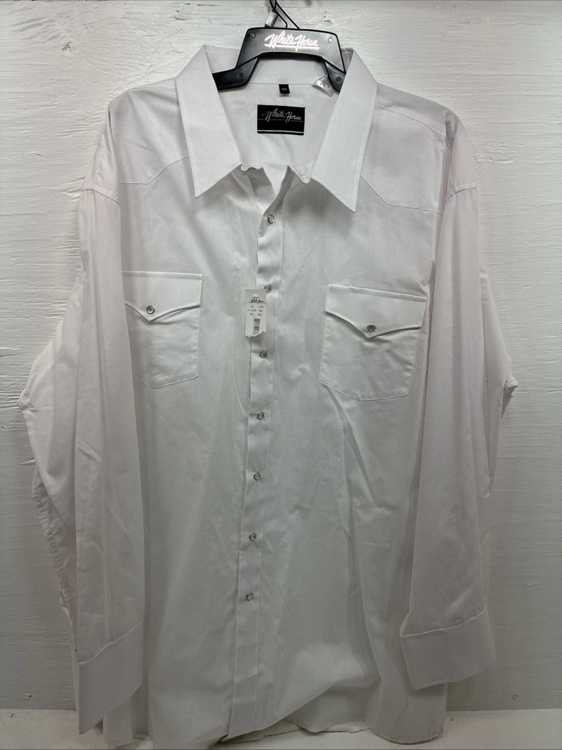New Men’s White Horse White Long Sleeve Simple Pearl Snap 4XL J-48