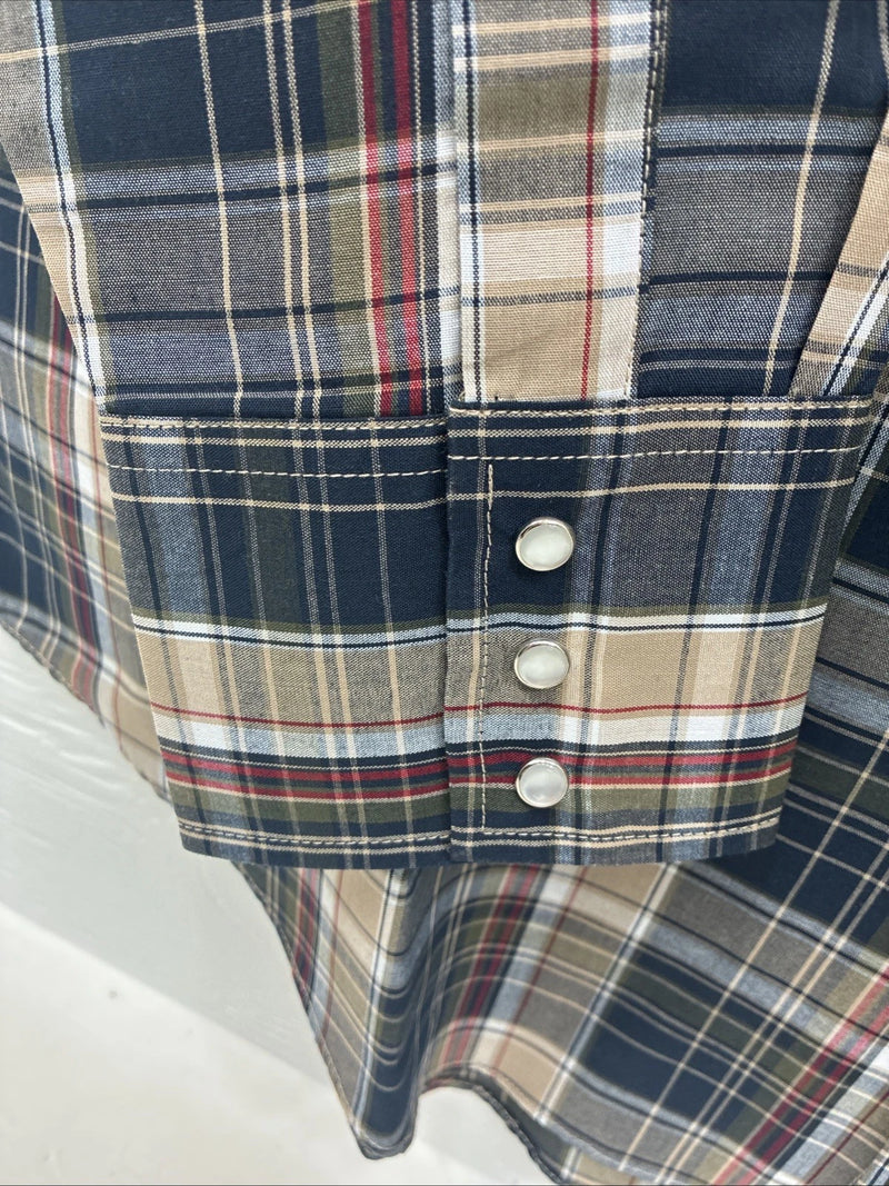 New Men’s ELY Cattleman Brown Blue Plaid Long Sleeve Pearl Snap XLT R-44