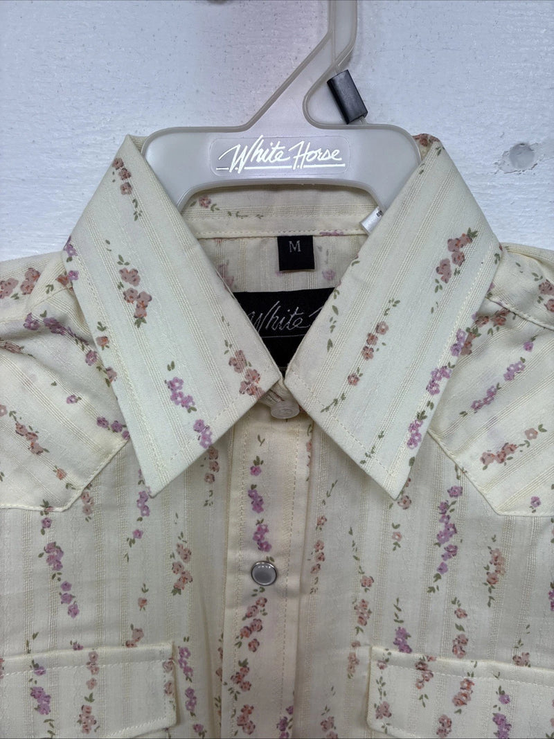 New Kids White Horse Floral Long Sleeve Pearl Snap Medium MM-5