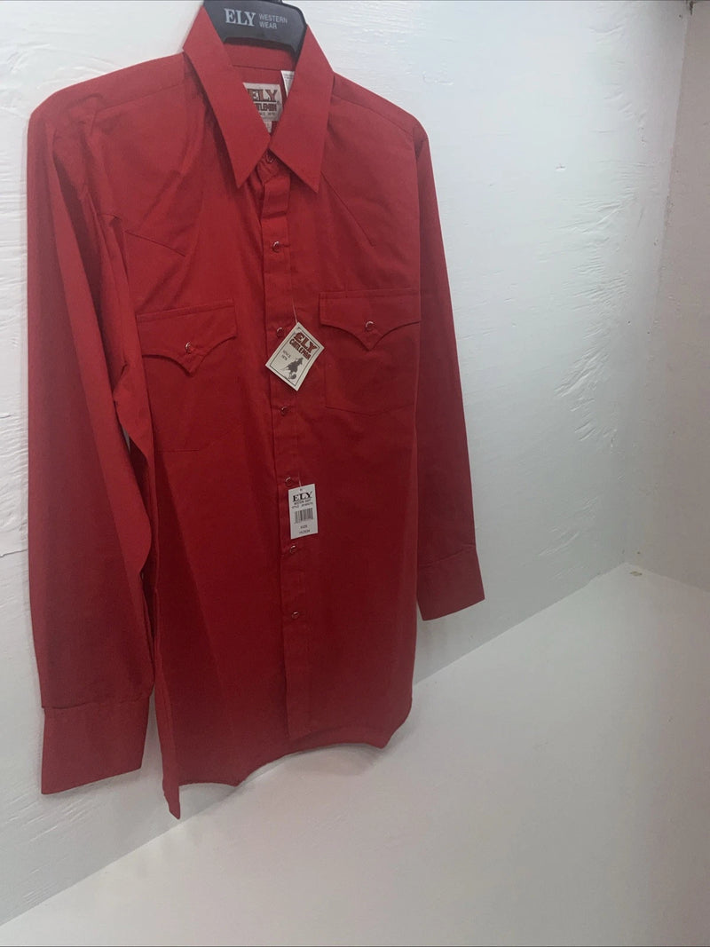 New Men’s ELY cattleman Red Long Sleeve Pearl Snap 15.5 X 34 Medium B-100