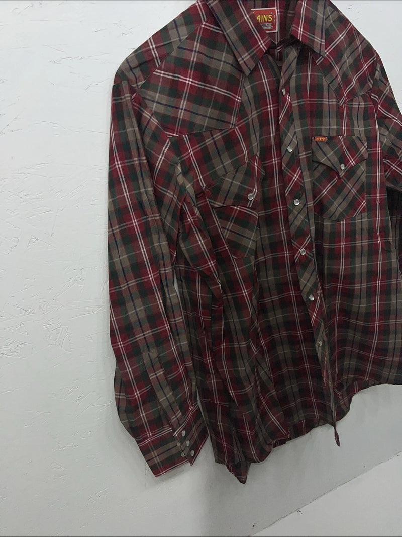 New Men’s Red Plaid ELY Plains Long Sleeve Pearl Snap Shirt. 16.5x34 L S-11