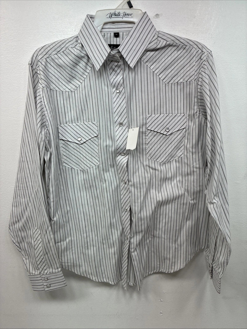 New Women’s White Horse Gray Stripe Long Sleeve Pearl Snap Medoum LL-105