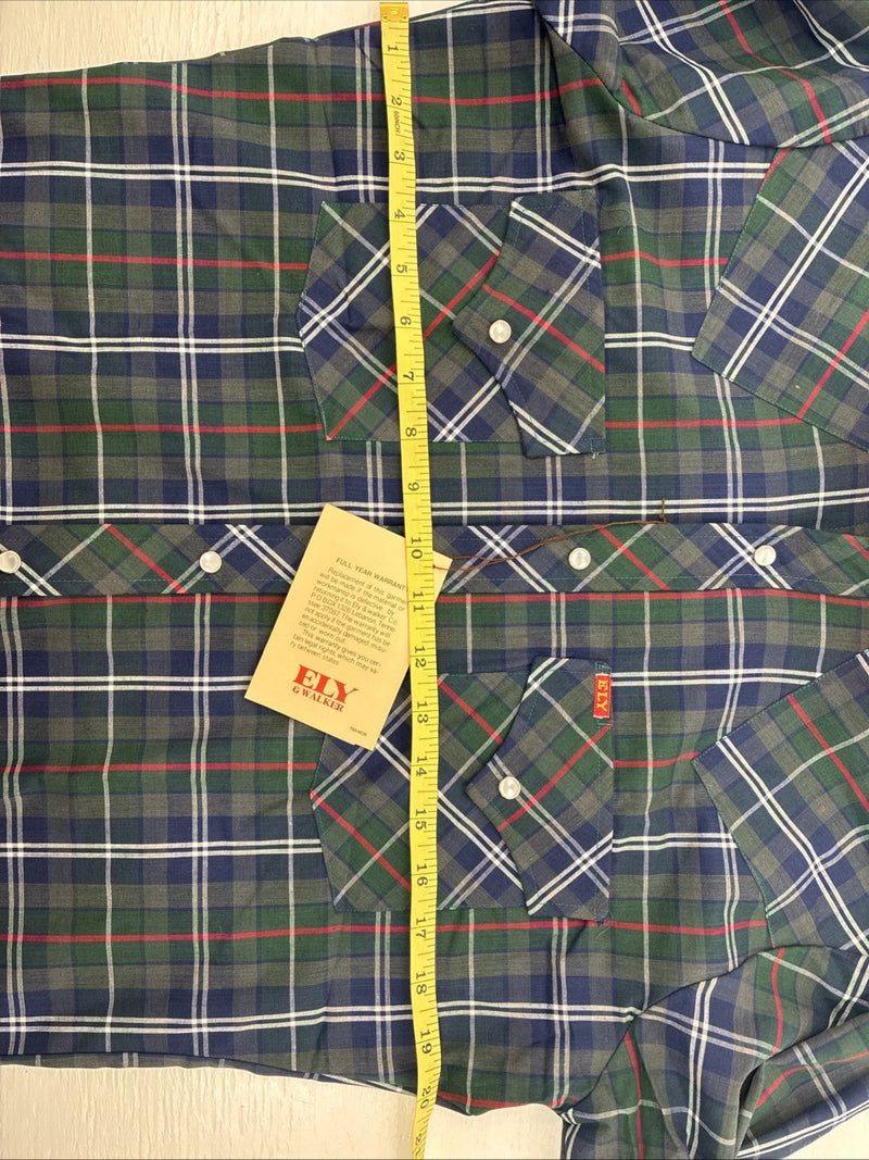 New Men’s ELY Plains Green Plaid Long Sleeve Pearl Snap 14.5 Small X-34