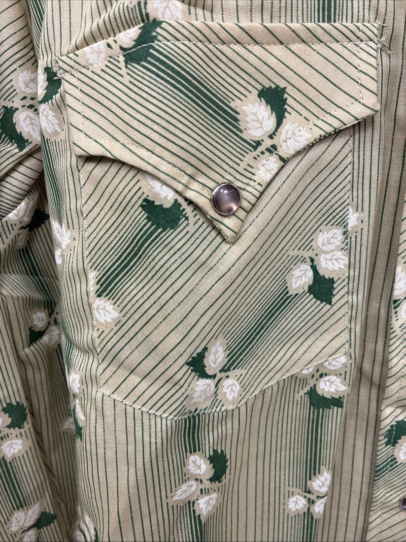 New Men’s ELY Plains Green Tan Floral Long Sleeve Pearl Snap 16.5 Large V-56