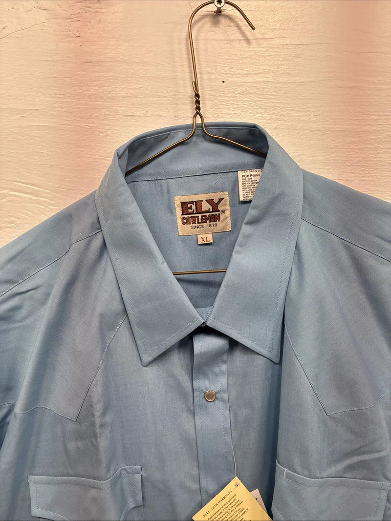 New Men’s ELY Cattleman Blue Simple Short Sleeve Pearl Snap XL F-85