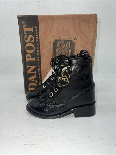 New Infant Dan Post Black Ostrich Print Lace Up Cowboy Boots. 4.5  4 1/2 D. 24-2