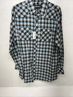 New Men’s Blue Black Plaid White House Long Sleeve Pearl Snap Shirt. Large P-46