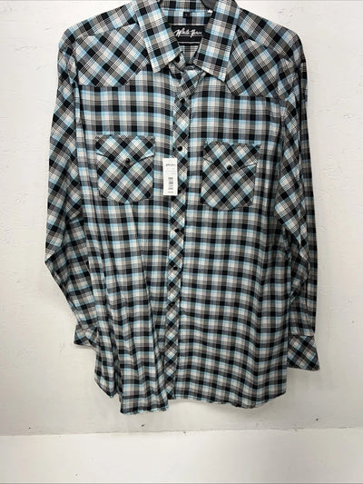 New Men’s Blue Black Plaid White House Long Sleeve Pearl Snap Shirt. Large P-46