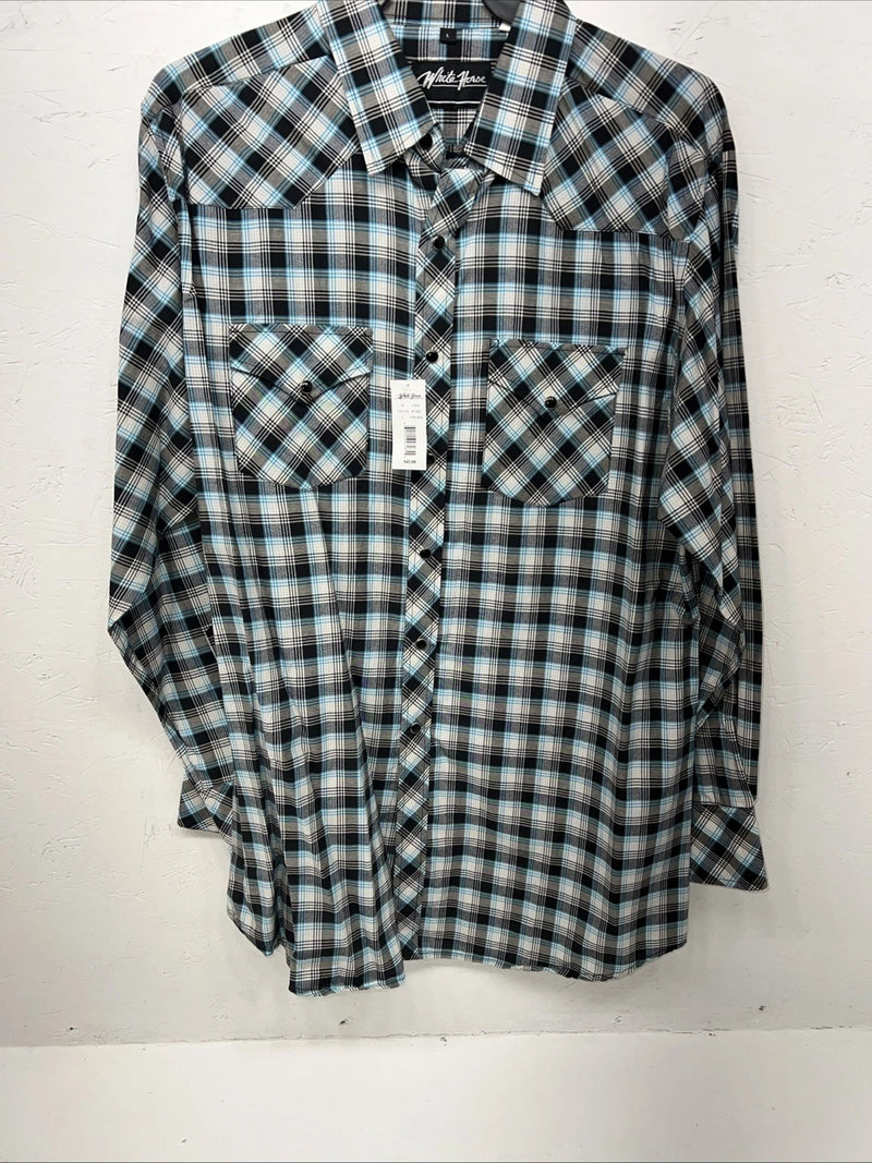 New Men’s Blue Black Plaid White House Long Sleeve Pearl Snap Shirt. Large P-46