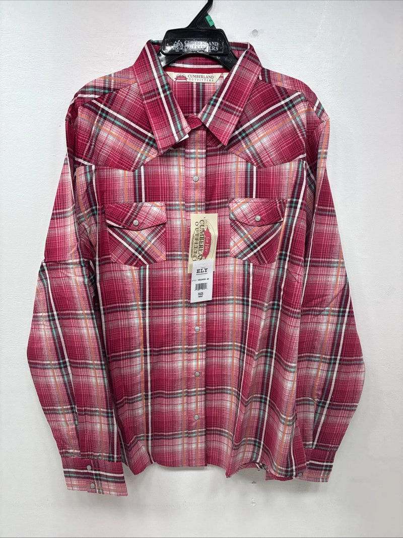New Women’s Cumberland Pink Plaid Long Sleeve Pearl Snap XL GG-73