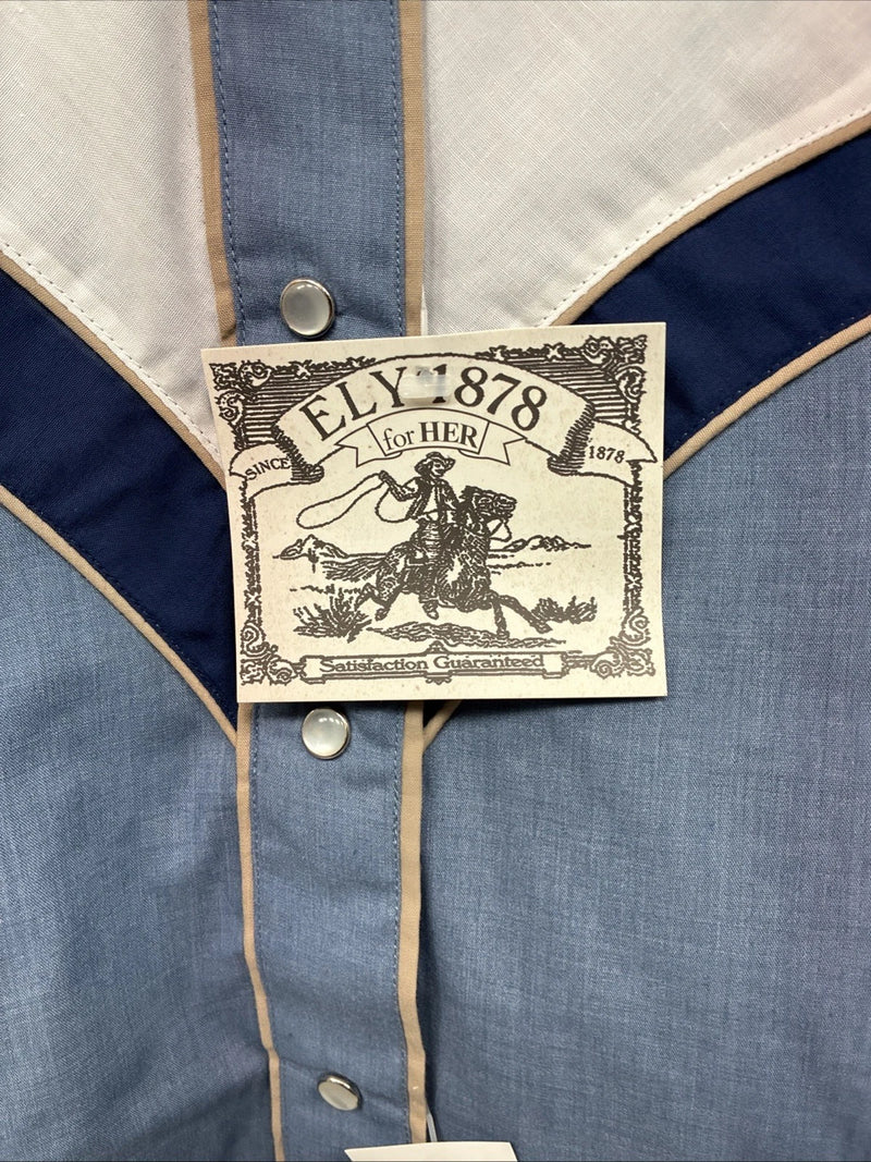 New Women’s ELY 1878 Blue Deigned Long Sleeve Pearl Snap Medium II-68