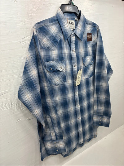 New Men’s ELY Cattleman Blue White Plaid Long Sleeve Pearl Snap XL T-44