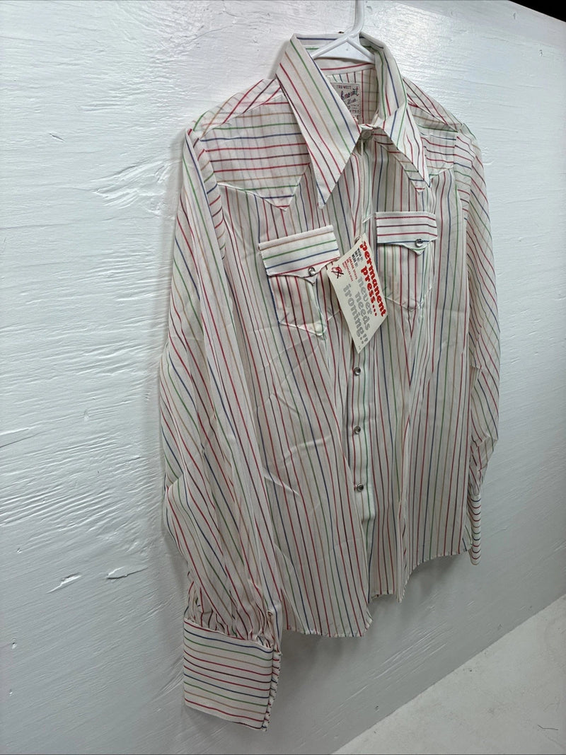 New Women’s Rock mount White Stripe Long Sleeve Pearl Snap Small AA-52