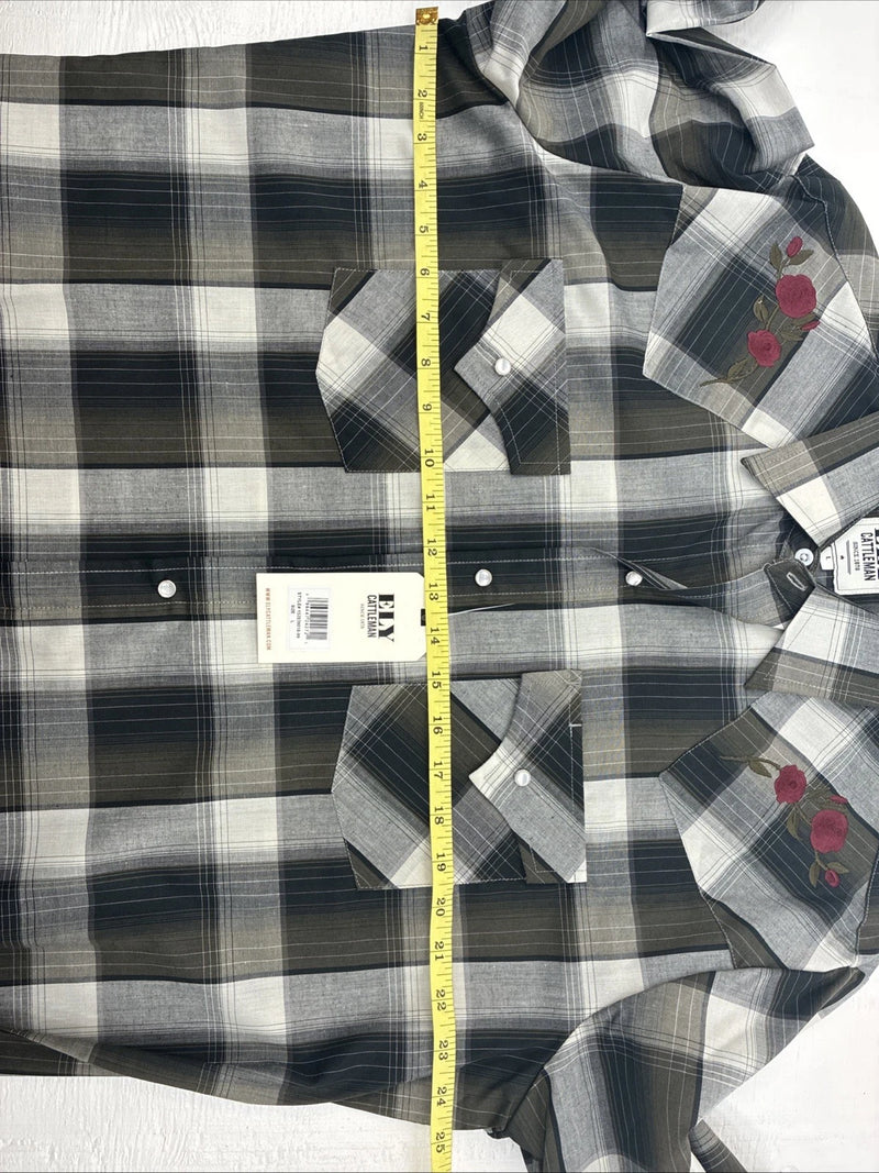 New Men’s ELY Cattleman Green Gray Plaid Long Sleeve Pearl Snap Large X-27