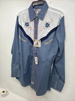 New Women’s ELY 1878 Blue Deigned Long Sleeve Pearl Snap Medium II-68