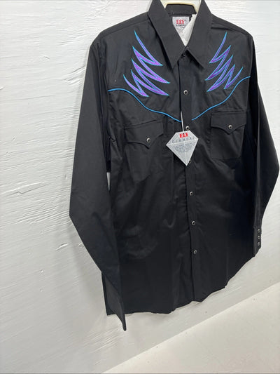 New Men’s ELY Diamond Black Purple Design Long Sleeve Pearl Snap Large V-22