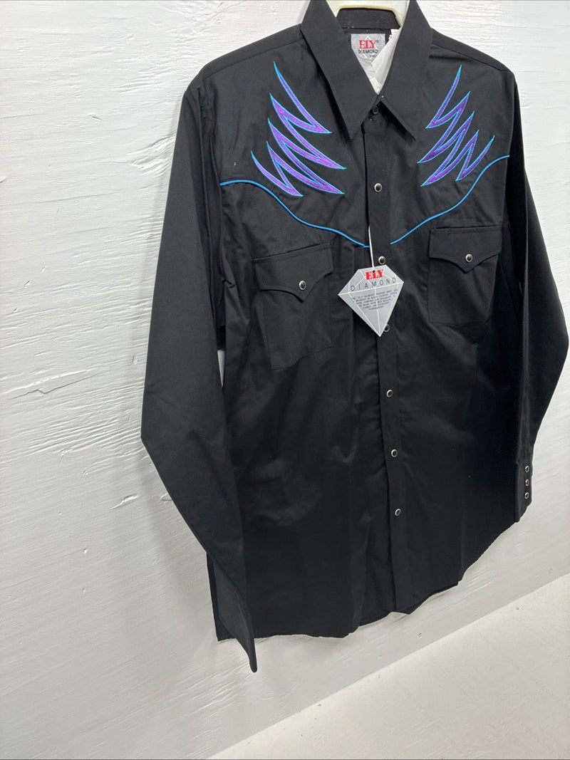 New Men’s ELY Diamond Black Purple Design Long Sleeve Pearl Snap Large V-22