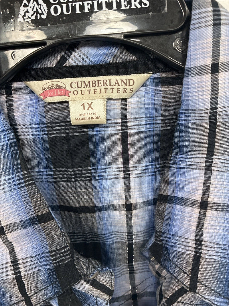 New Women’s Cumberland Blue Black Plaid Long Sleeve Pearl Snap XL GG-64