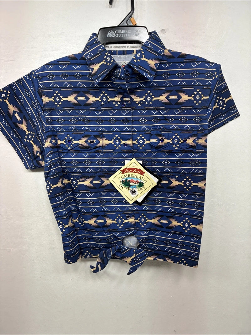 New Women’s Cumberland Blue Crop Top Short Sleeve Pearl Snap Medium LL-52