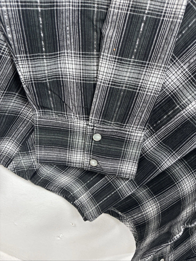 New Women’s Cumberland Black Plaid Long Sleeve Pearl Snap XL II-15
