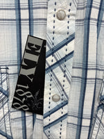 New Men’s ELY 1878 White Blue Plaid Long Sleeve Pearl Snap XL J-38