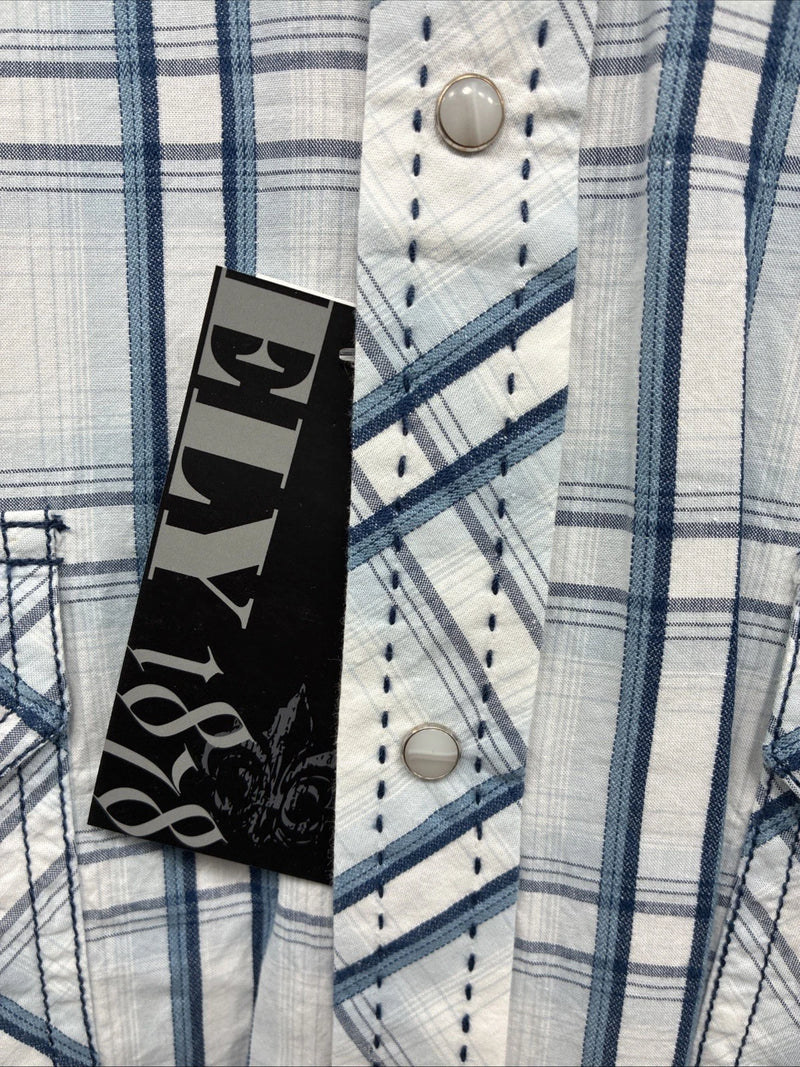 New Men’s ELY 1878 White Blue Plaid Long Sleeve Pearl Snap XL J-38
