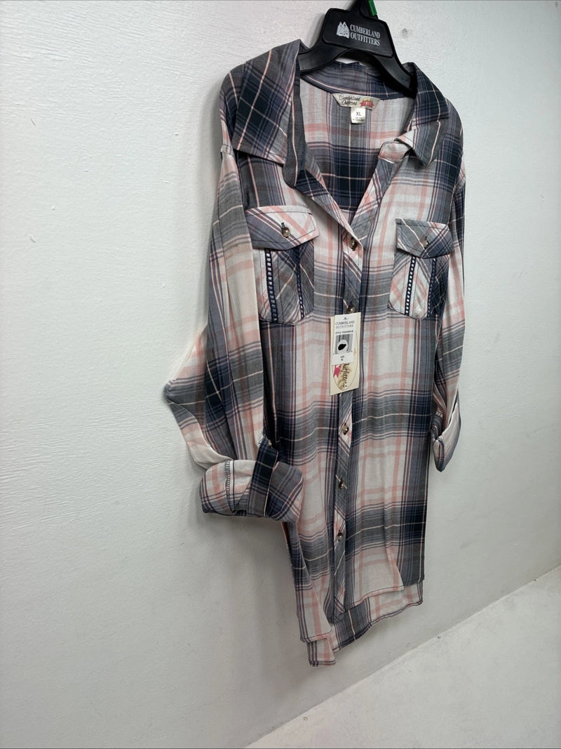 New Women’s Cumberland Pink Purple Plaid Long Sleeve Button Up XL GG-85