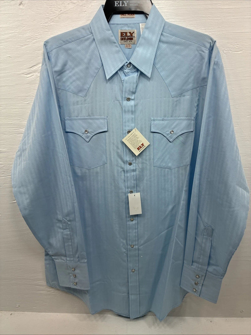 New Men’s ELY Cattleman Blue Stripe Design Long Sleeve Pearl Snap 17.5 XL O-37
