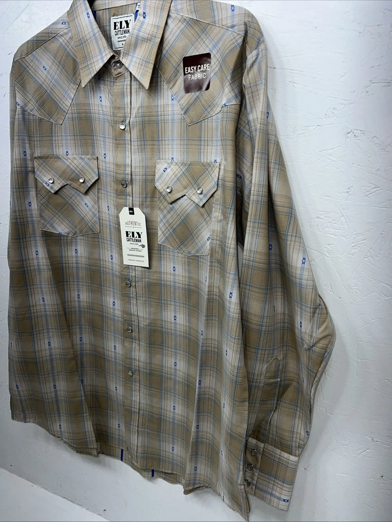 New Men’s Yellow Plaid ELY Cattleman Long Sleeve Pearl Snap Shirt. L P-53