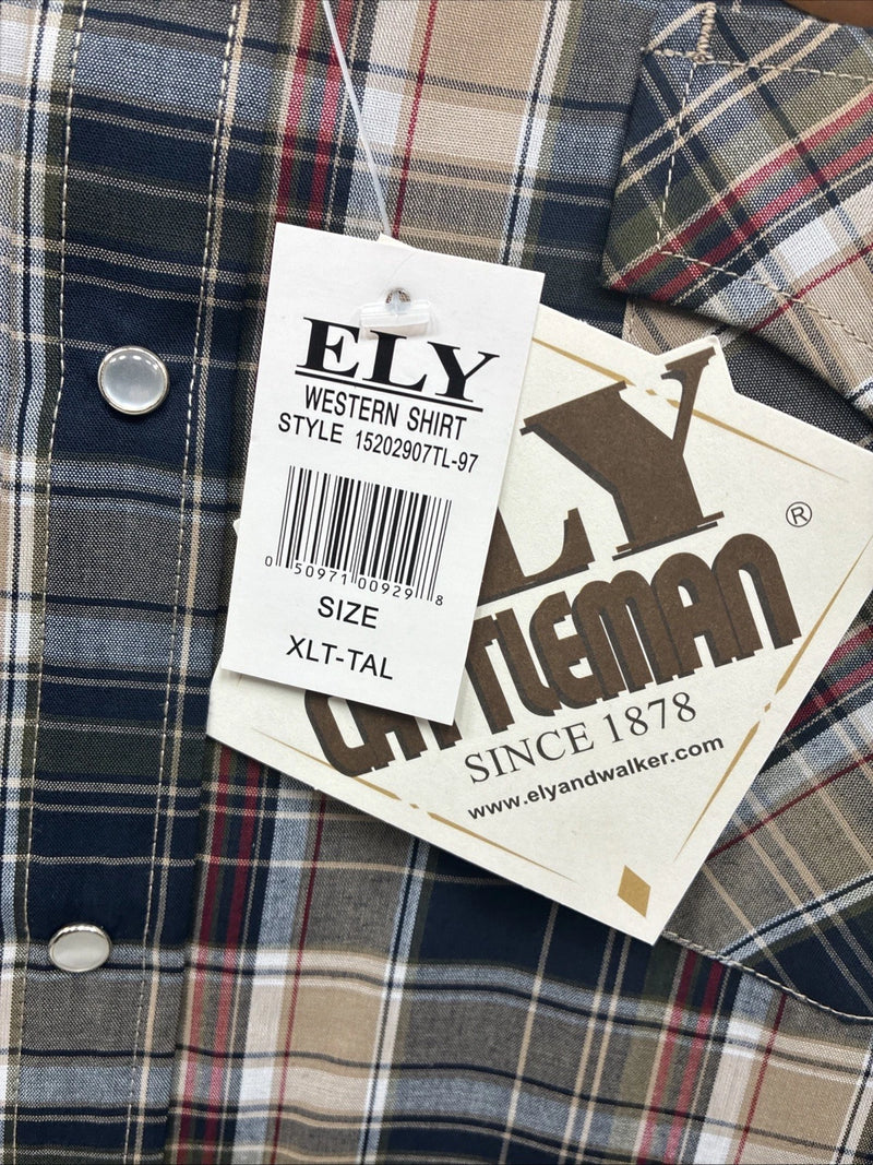 New Men’s ELY Cattleman Brown Blue Plaid Long Sleeve Pearl Snap XLT R-44