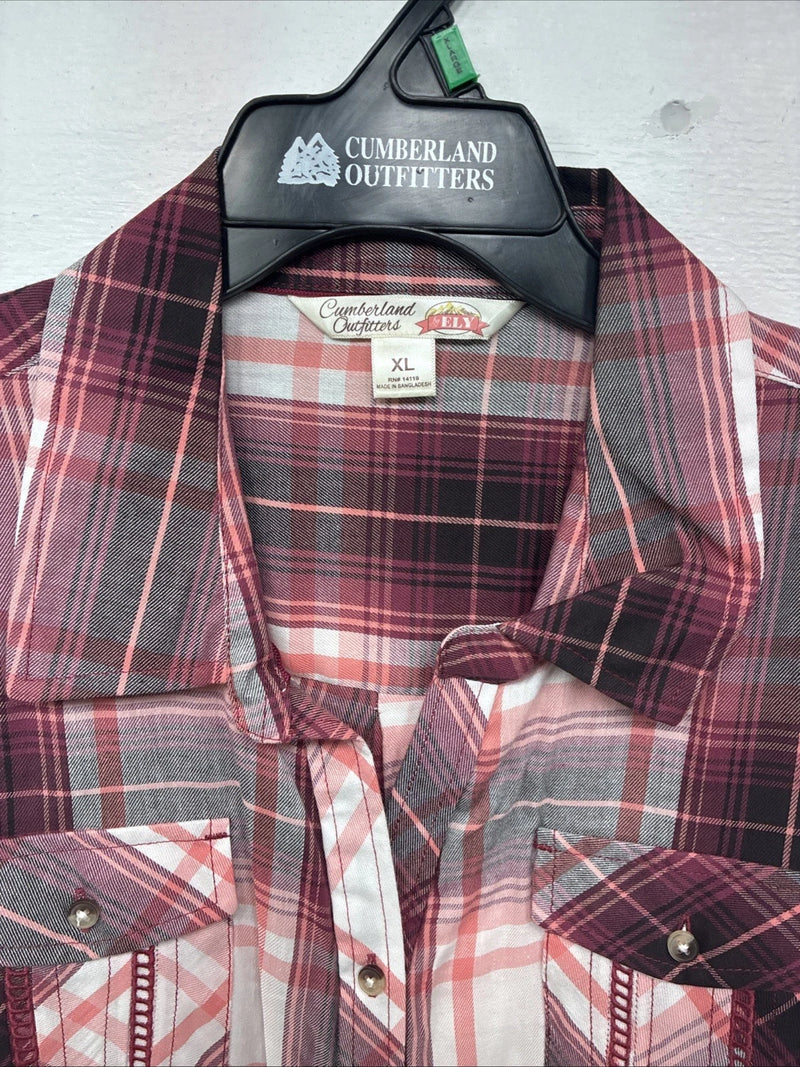 New Women’s Cumberland Pink Plaid Long Sleeve Pearl Snap XL GG-66