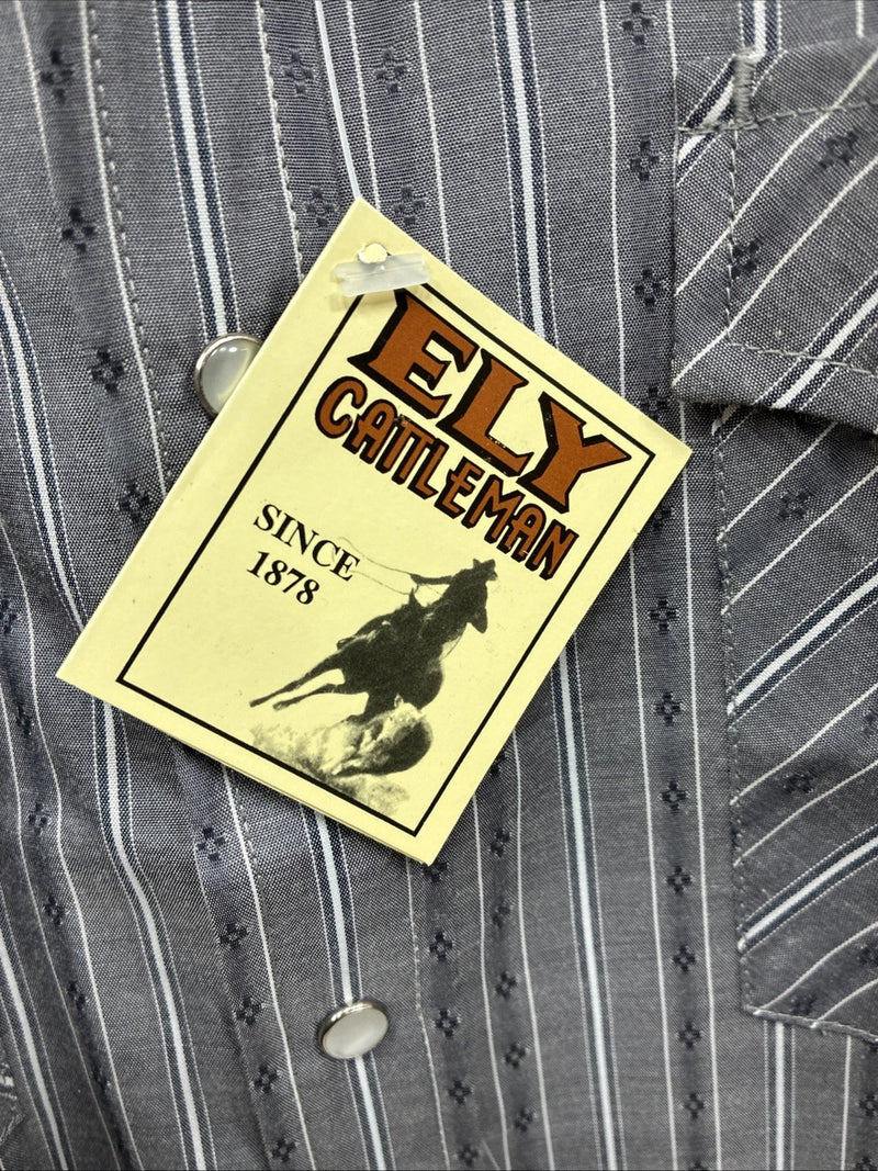 New Men’s ELY Cattleman Gray White Stripe Long Sleeve Pearl Snap 16 Large Q-39